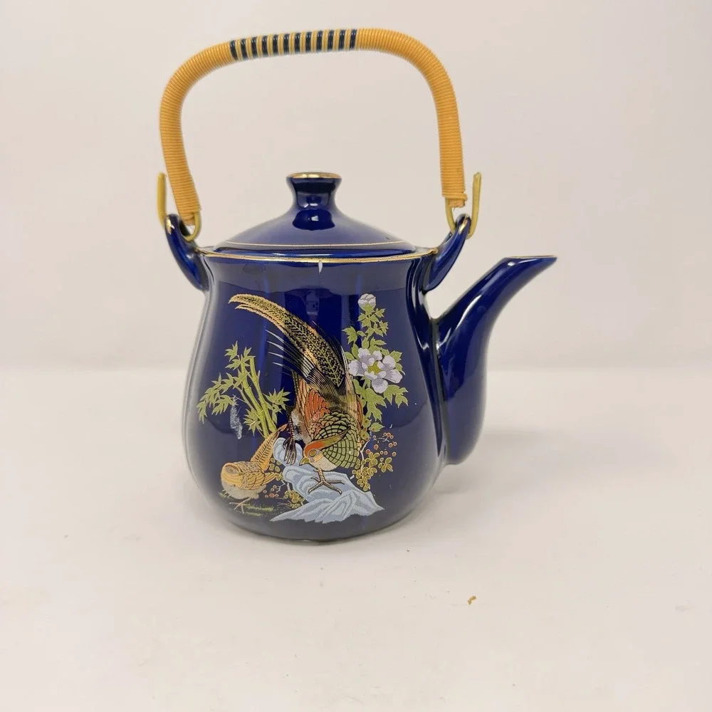 Vintage Japanese Cobalt Blue Gold Teapot Pheasant Bamboo Rattan Handle 7.5